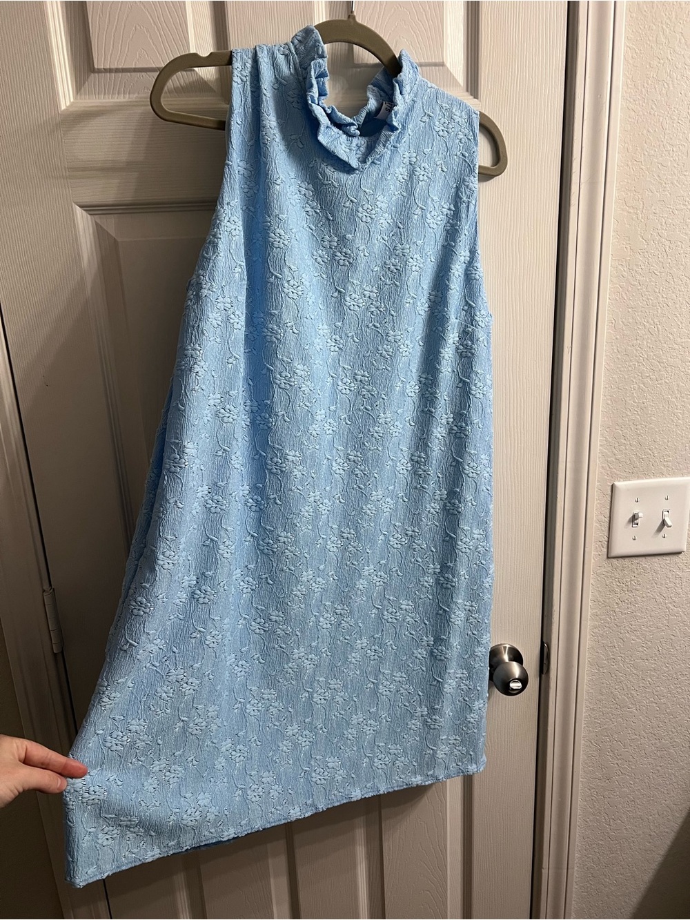 Light Blue Mini Floral Dress with Ruffle Neck